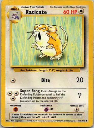 Pokémon-Karte Raticate Rattikarl 40/102 Grundset